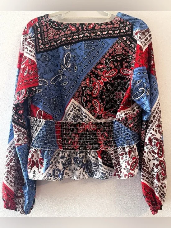 Live 4 Truth Blouse 1X Boho Floral Patchwork Smocked Peplum V Neck Spring Top - Picture 3 of 7